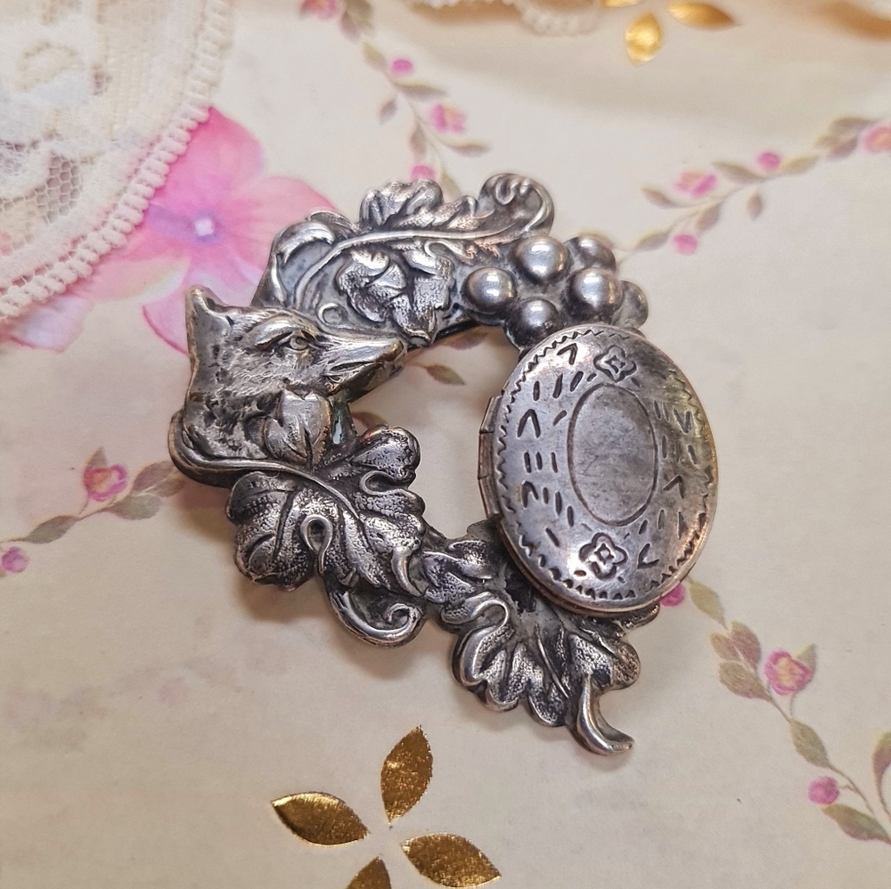 Vintage Silver Fox and Grape Locket Brooch